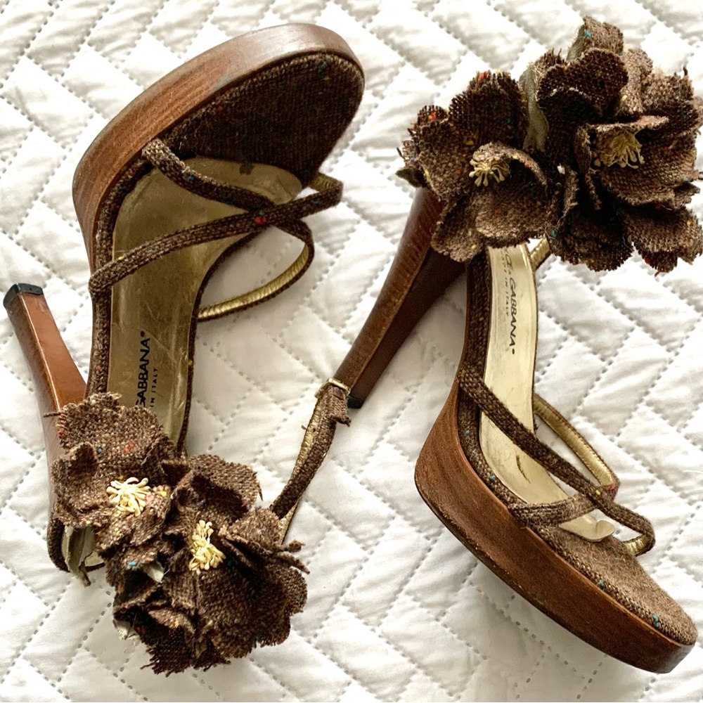 Dolce & Gabbana vintage tweed flower platform sandals heels, 7